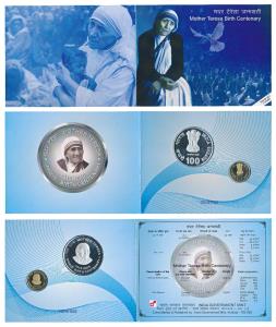 2010 Proof Set, Mother Teresa Birth Centenary, set of 2, Rupees 5 and 100. In immaculate c