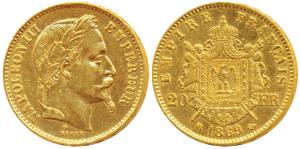 France, Napoleon III, Gold 20 Francs, 6.42g, 1869 BB, Strasbourg Mint, obv. laureate head,