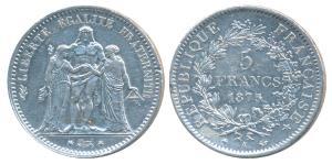 France, Third Republic, Silver 5 Francs, 24.96g, obv. Hercules standing facing between Lib
