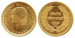 Turkey, Ataturk, Gold 100 Kurush, 7.21g, Ankara Mint, 1923 AD (KM 855). Uncirculated.