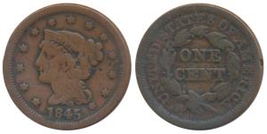 United States of America, Copper Cent, obv. liberty head to left with braided hair date 18