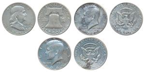 United States of America, Silver Franklin ½ Dollar, Liberty bell on rev. 1961; Kennedy, Si