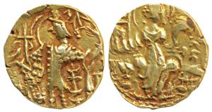 Kidara Kushanas (c. 4th century AD), Base Gold Dinar, 7.87g, obv. king nimbate standing fa