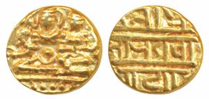 Vijaynagar Empire, Hari Hara II, Gold ½ Pagoda, 1.70g, obv. Shiva-Parvati seated, Siva hol
