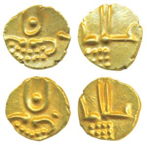 Vira Raya, Coorg, Gold Fanam (2), each 0.38g, obv. stylized lion standing right with cresc