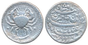 Jahangir, Silver Zodiac Rupee, 11.21g, Ahmedabad Mint, Cancer sign, Inayat Couplet, AH 102