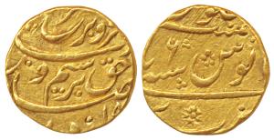 Farrukhsiyar (AH 1124-1131; 1712-1719 AD), Gold Mohur, 10.94g, Bareli Mint, RY 6 (KM 390).