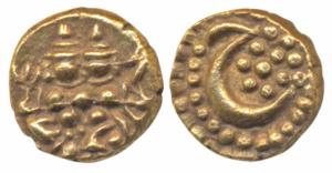 Haider Ali (AH 1174-1197; 1761-1782 AD), Gold Fanam, 0.38g, obv. Shiva and Parvati, rev. P