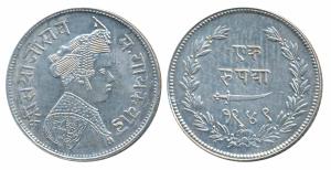 Sayaji Rao III, Silver Rupee, Broad flan, VS 1949 (KM Y36). Mint State.