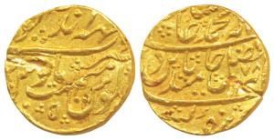 Mahaindrapur (Dig) Mint, Gold Mohur, 10.85g, in the name of Shah Alam II, RY 5 (KM 40). Sc