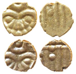 Vira Raya type, Gold Fanam (2), obv. Stylized lion walking to right side; rev. prototype o