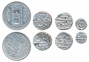 Gwalior, Silver Rupee, Dar ul Fath Ujjain Mint; Indore, Silver ¼ Rupee, Malharnagar Mint; 