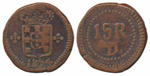 Damao, Pedro V (1853-1861 AD), Copper 15 Reis, 9.91g, 1854, obv. crowned arms with date be