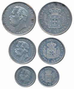 Goa, Luiz I (Ludwig) (1861-1889 AD), set of 3, Silver Rupia, ½ and ¼, 1881 (KM 312, 311 & 