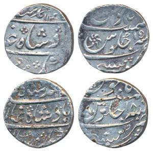 Mumbai Mint, Silver Rupee (2) in name of Muhammad Shah, 11.5g & 10.91g, AH 114X/15 & AH 11