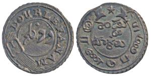 Silver 2 or Double Fanam, 1.78g, 2nd issue, 1808, obv. oblong buckled garter, rev. ribbon 