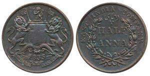 Copper ½ Anna, 1835, obv. coat of arms of the EIC and date below, rev. value within wreath