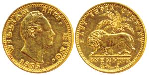 William IV, Gold Mohur, 1835, Bombay Mint, no initial on truncation, rev. lion and palm tr