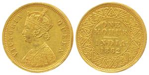 Victoria Queen, Gold Mohur, 1862, two flowers in bottom panel of jabot, V in relief in the