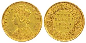 Victoria Queen, Gold Rupees 5, 1870 (Prid 36). Original strike, Very Fine+, Very Rare. Ex.