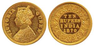 Victoria Queen, Gold Proof Restrike Rupees 10, 1870, Young Bust, Calcutta Mint, C.M. incus