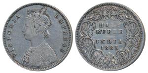 Victoria Empress, Silver ½ Rupee, 1883, Calcutta Mint, A / I / C incuse (Prid 267). Very F