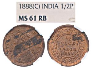 Victoria Empress, Copper ½ Pice, 1888, Calcutta Mint (Prid 720). Graded by NGC MS61RB.