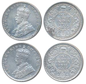 George V, Silver Rupee, 1911, Calcutta & Bombay Mint, (Prid 207 & 217). Very Fine+. (2)