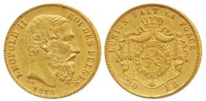 Belgium, Leopold II, Gold 20 Francs, 6.45g, 1878 (KM 37). Extremely Fine, Rare.