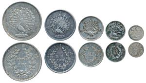 Burma (Myanmar), Set of 5, Silver Rupee, ½, ¼, 1/8 and 1/16 Rupee (Kyat, 5 Mu, Mat, Mu and