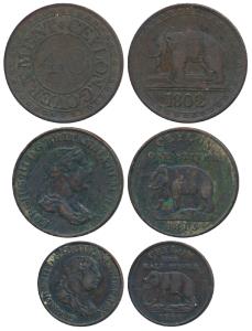 Ceylon, Copper 1/48 Rixdollar, 1802; 1 Stuiver and ½, 1815, obv. bust of George III to rig