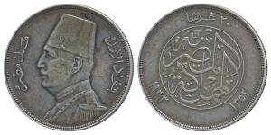 Egypt, Fuad I (1922-1936 AD), Silver 20 Piastres, 28g, 1933, AH 1352 (KM 352). Extremely F