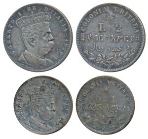 Eritrea, Italian colony, Umberto I (1890-1896 AD), Silver 1 and 2 Lira, 1890 & 1891 (KM 2 