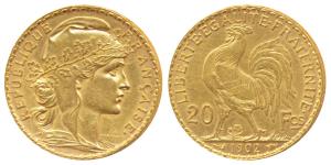 France, Gold 20 Francs, 6.45g, 1902, obv. Liberty head, rev. rooster divides value (KM 847