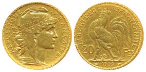 France, Gold 20 Francs, 6.45g, 1909, obv. Liberty head, rev. rooster divides value (KM 857