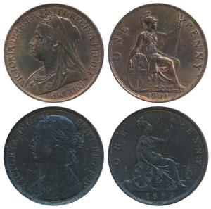 Great Britain, Victoria, Copper Penny (2), 1893 & 1901, obv. Queen Victoria, young bust an