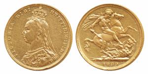 Great Britain, Victoria, Gold Sovereign, 8g, 1889, Jubilee head, St. George slaying a drag