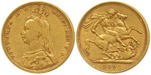 Great Britain, Victoria, Gold Sovereign, 8g, 1892, Jubilee head, rev. St. George slaying a
