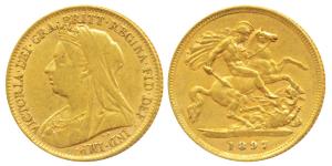 Great Britain, Victoria, Gold ½ Sovereign, 4g, 1897, veiled head, rev. St. George slaying 