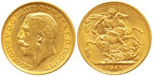 Great Britain, George V, Gold Sovereign, 1911, rev. St. George slaying a dragon (KM 820). 