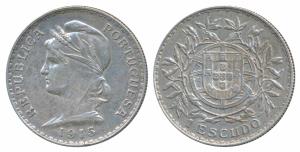 Portugal, Silver 1 Escudo 1915, Liberty head to left, Lisbon Mint (KM 564). Extremely Fine