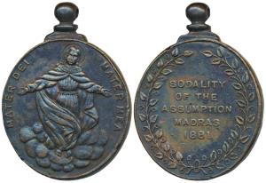 Sodality of the Assumption, Copper Gilt Medal, 1881, obv. Figure of Christ, MATER DEI MATE