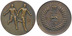 37th Regiment Relay Races, 120 Yards Hurdles, Copper Medal, obv. two men running a relay, 
