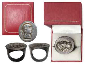 Silver Ring, A fantasy Greek looking silver plaque attached to a ring. Silver, 10.37g. In 