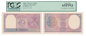 George VI, Rupees 2, 1943, signed C. D. Deshmukh (J&R 4.2.2). Graded by PCGS 65PPQ Gem New