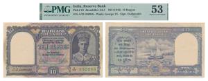 George VI, Rupees 10, 2nd issue, 1944, signed C. D. Deshmukh, prefix A (J&R 4.6.1). Graded