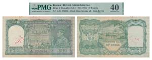 Burma, George VI, Rupees 10, 1938, signed J. B. Taylor, green colour (J&R 5.5.1). Graded b