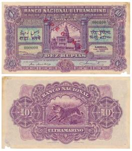 Indo-Portuguese, Dez / 10 Rupias, 3rd issue, 1924, Banco Nacional Ultramarino, Specimen wr