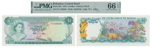 Bahamas, Elizabeth II, 1 Dollar, 1974 (KM 35B). Graded by PMG 66 Gem Uncirculated, EPQ.