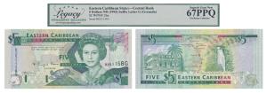 East Caribbean, Elizabeth II, 5 Dollars, ND 1993, green on multi colour underprint. Graded